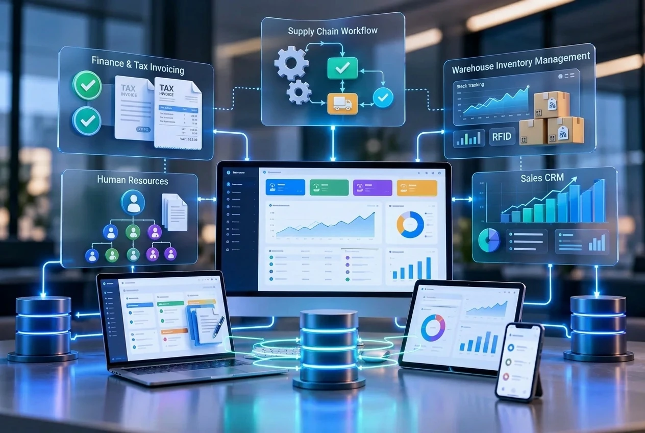 Enterprise Resource Planning system connecting accounting, inventory, sales, HR, and supply chain in one unified platform